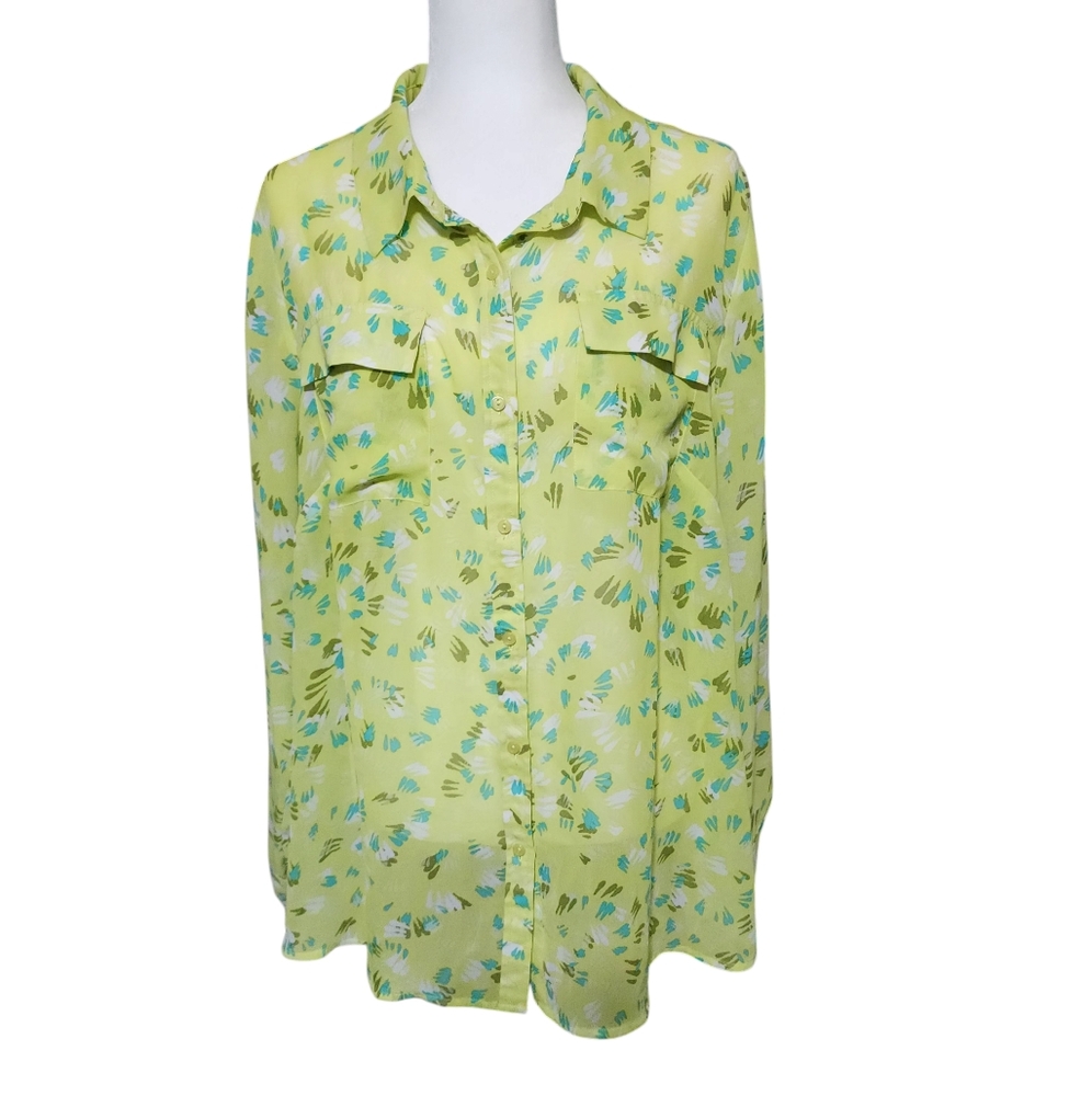 Lane Bryant Semi Sheer Button Up Neon Yellow/Green Business Blouse Size 18/20